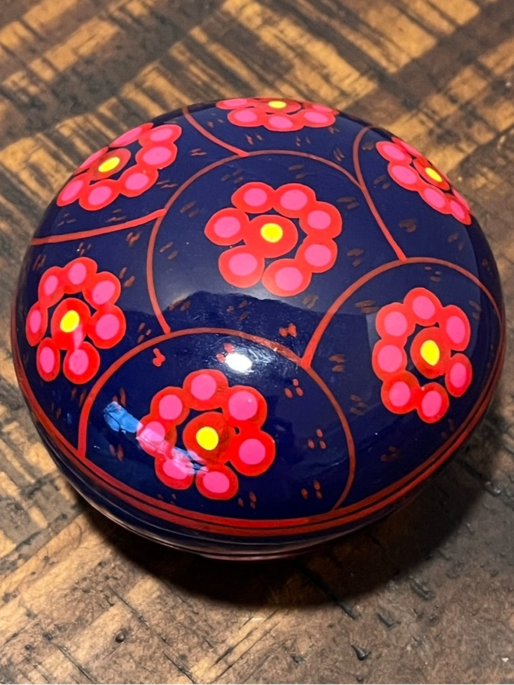 Mexican Hand Painted Terra Cotta Pottery Trinket Box W/Flowers